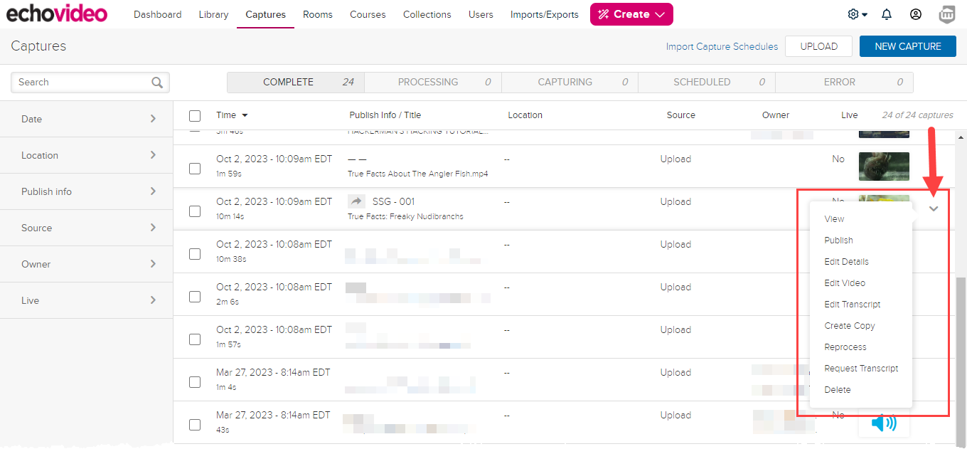 completed captures list identifying chevron menu and associated commands as described