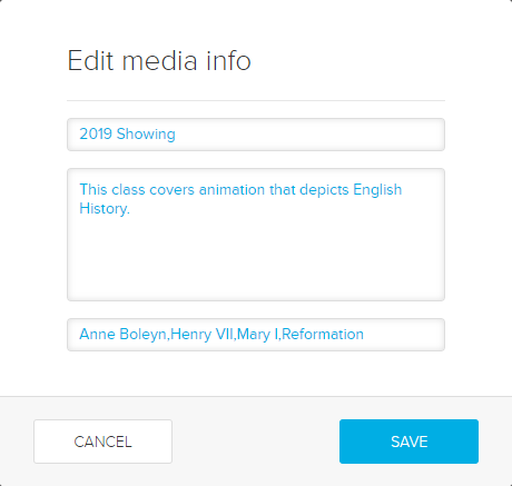 Edit media details dialog box with media name and details fields populated