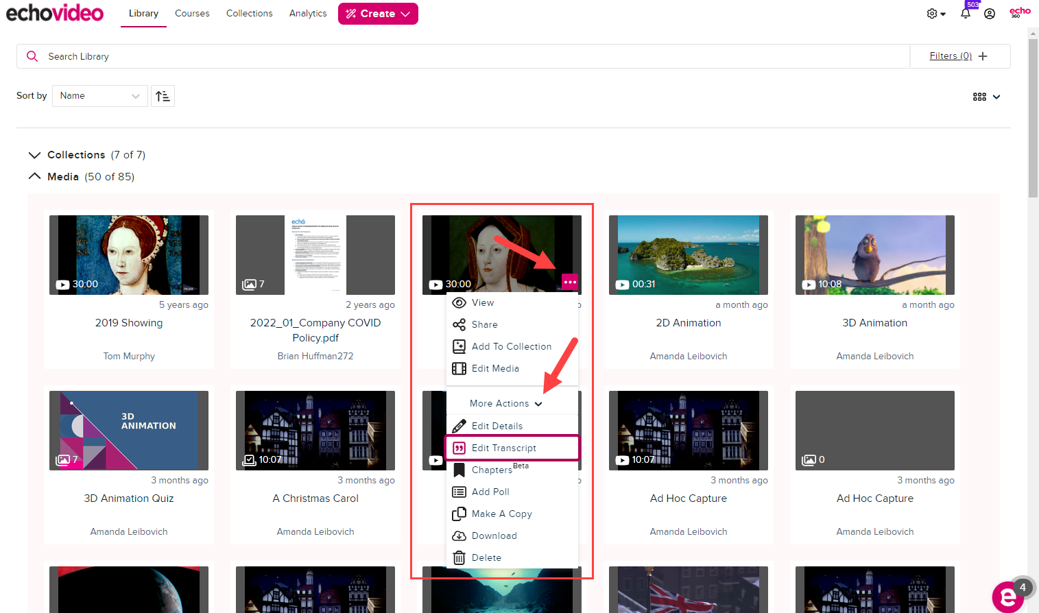 Library page with media tile button identified and menu open with Edit Transcript command identified as described
