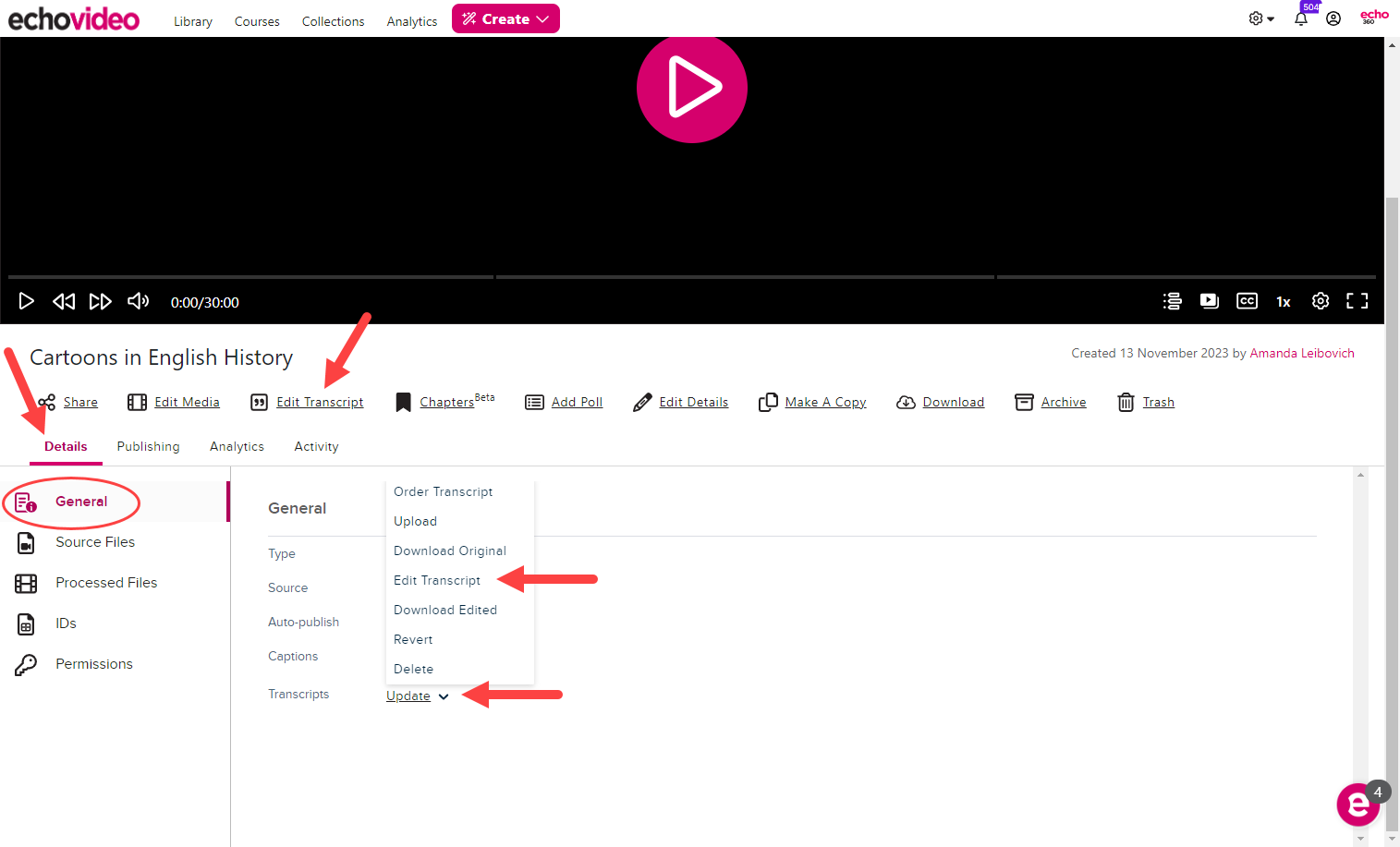 Media details page with details tab open and two Edit Transcript command locations identified as described