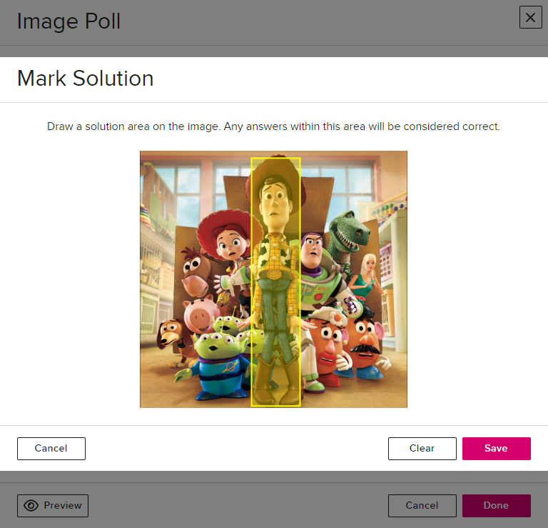 Mark solution popup for image poll showing the image and an overlay identifying the solution area as described