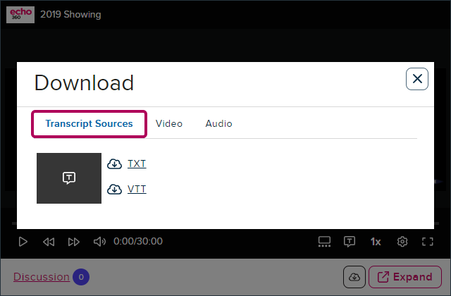 Embedded media with the download option open to Download Transcripts