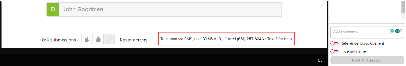 SMS response instructions on an activity slide