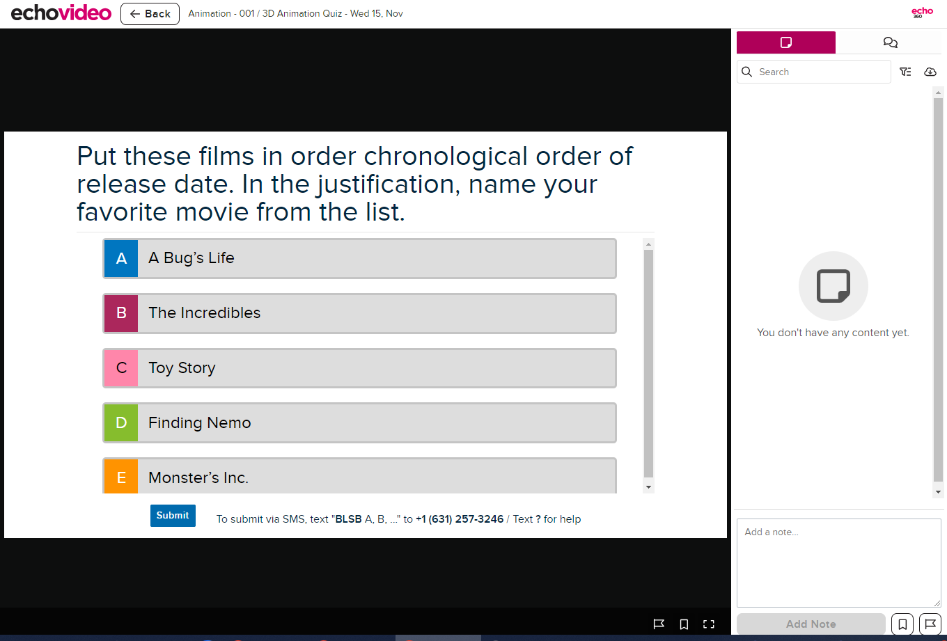 Student view of ordered list poll with response options and submit button as described