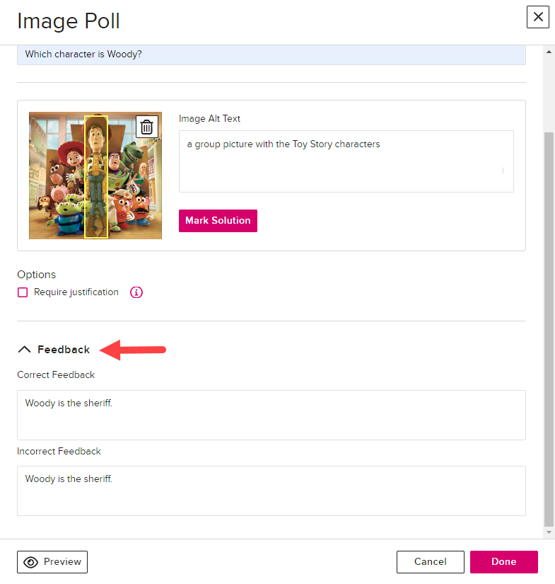 Image poll with solution area marked and feedback fields completed as described
