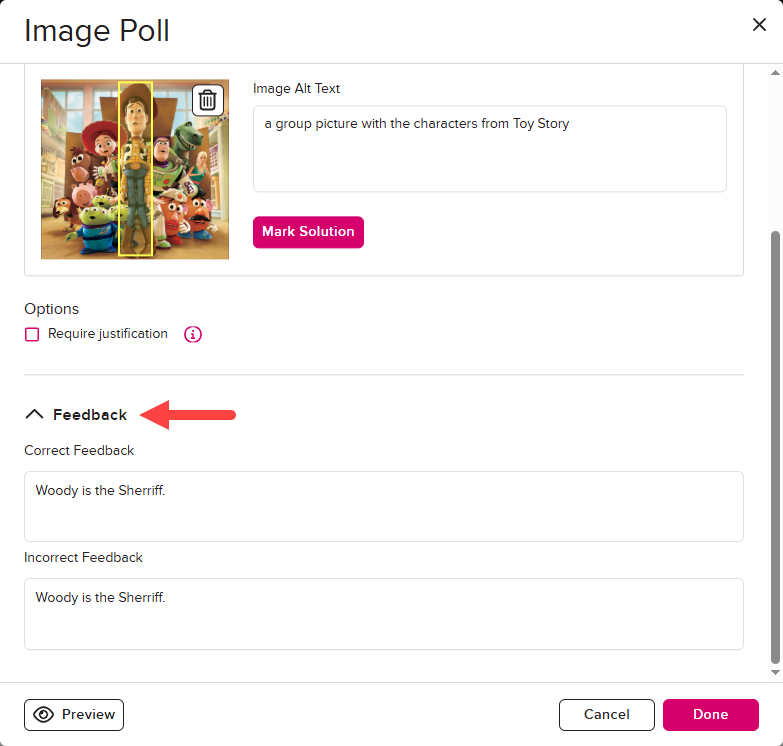 Image poll with solution area marked and feedback fields completed as described