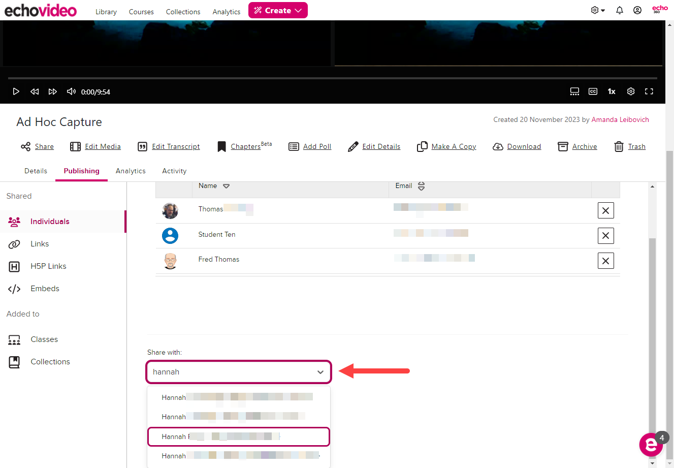 Media Details page with Sharing to Individuals section shown and user drop-down list identified
