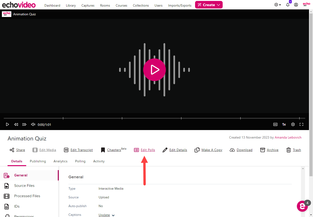 media details page for interactive media with Edit Polls option identified as described