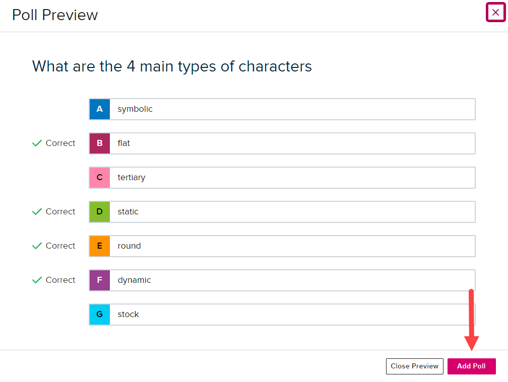 polling question preview for adding to interactive media with add poll button identified for steps as described