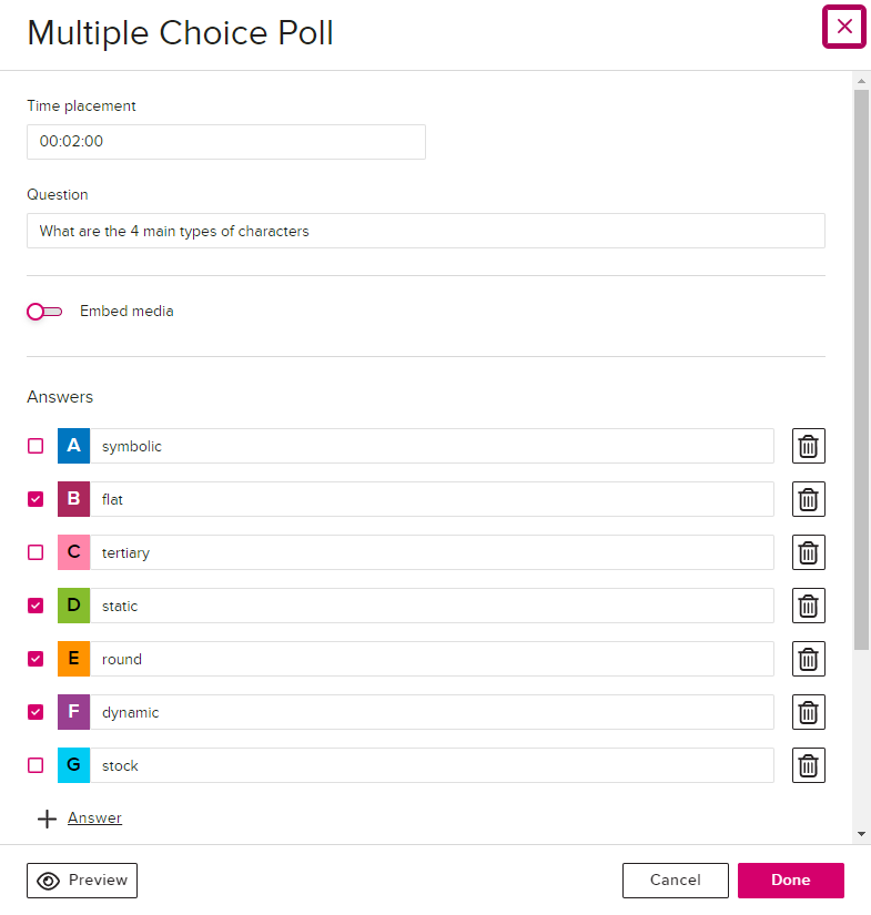 edit multiple choice poll modal with timestamp, question text, and answer options shown for editing as described