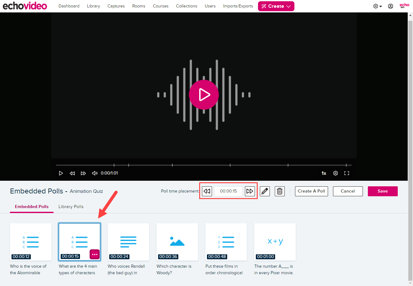 interactive media editor with poll selected and timestamp editing options identified for steps as described