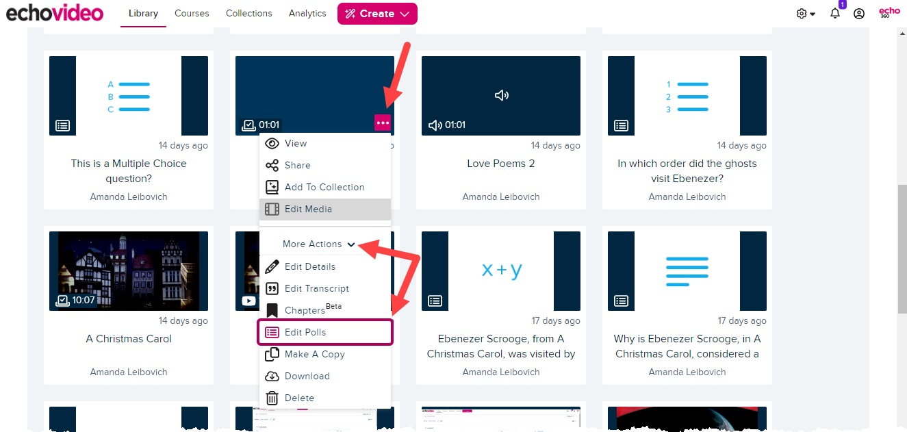 Library page with interactive media tile menu identified and open showing Edit Polls command for use as described