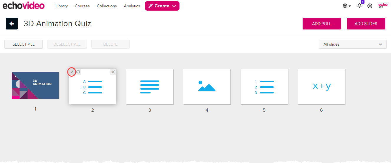 Presentation editor showing slides and edit polling slide icon circled and identified as described