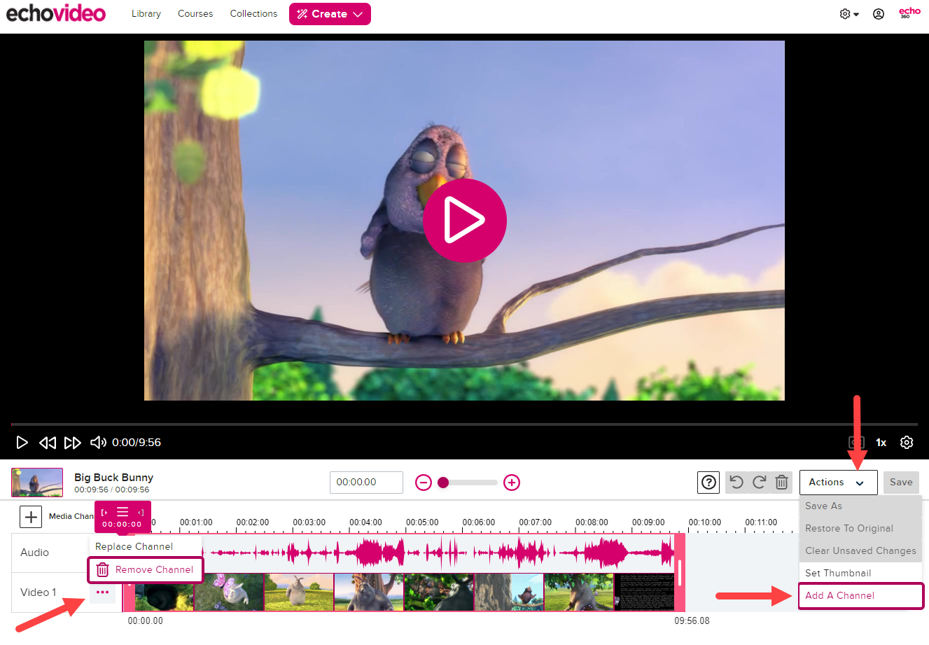 Composite image of the video editor with the Actions menu open showing the Add a Track command and the video 1 track menu open showing the Replace Track and Remove Track commands as described