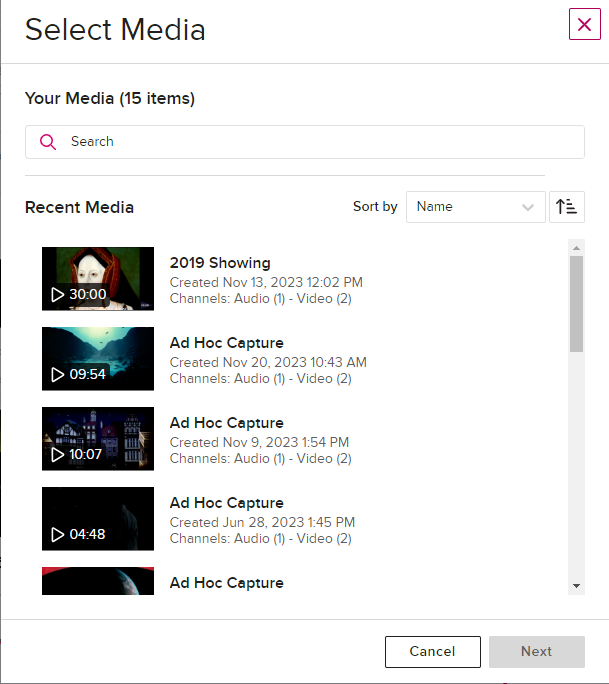 Select media list with library media listed for selection and Next and Cancel buttons provided for selection as described
