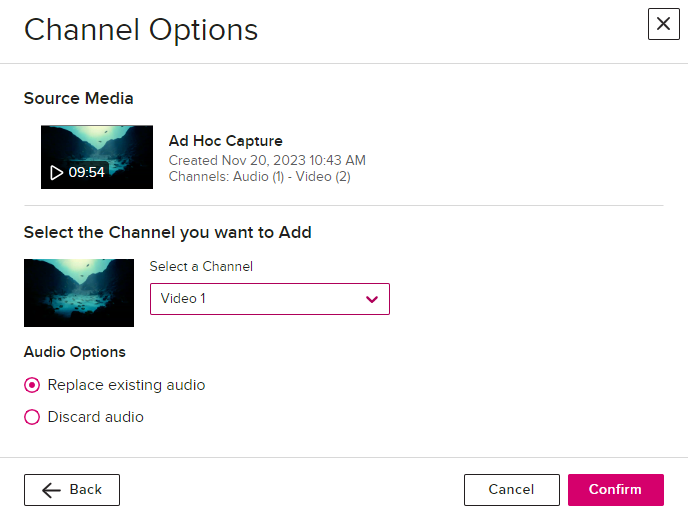 Confirmation dialog box for adding the video track from a selected video to the original media with options for also replacing or discarding the audio track and Confirm and Cancel and Back buttons for selection as described