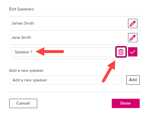 Edit speakers list in edit mode on and delete speaker button identified as described