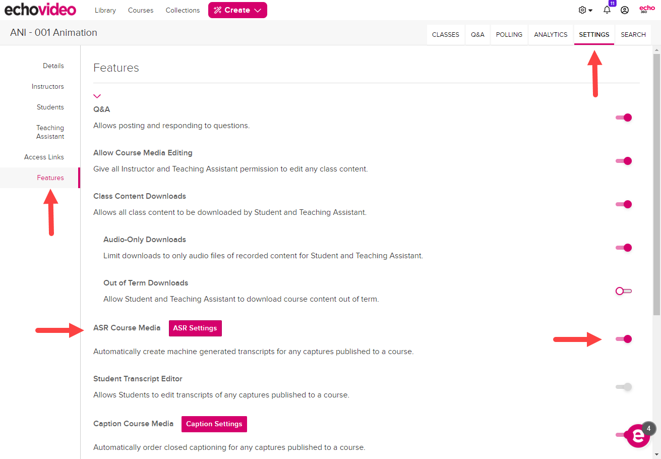 ASR Course Media feature toggle on Section Settings Features tab as described
