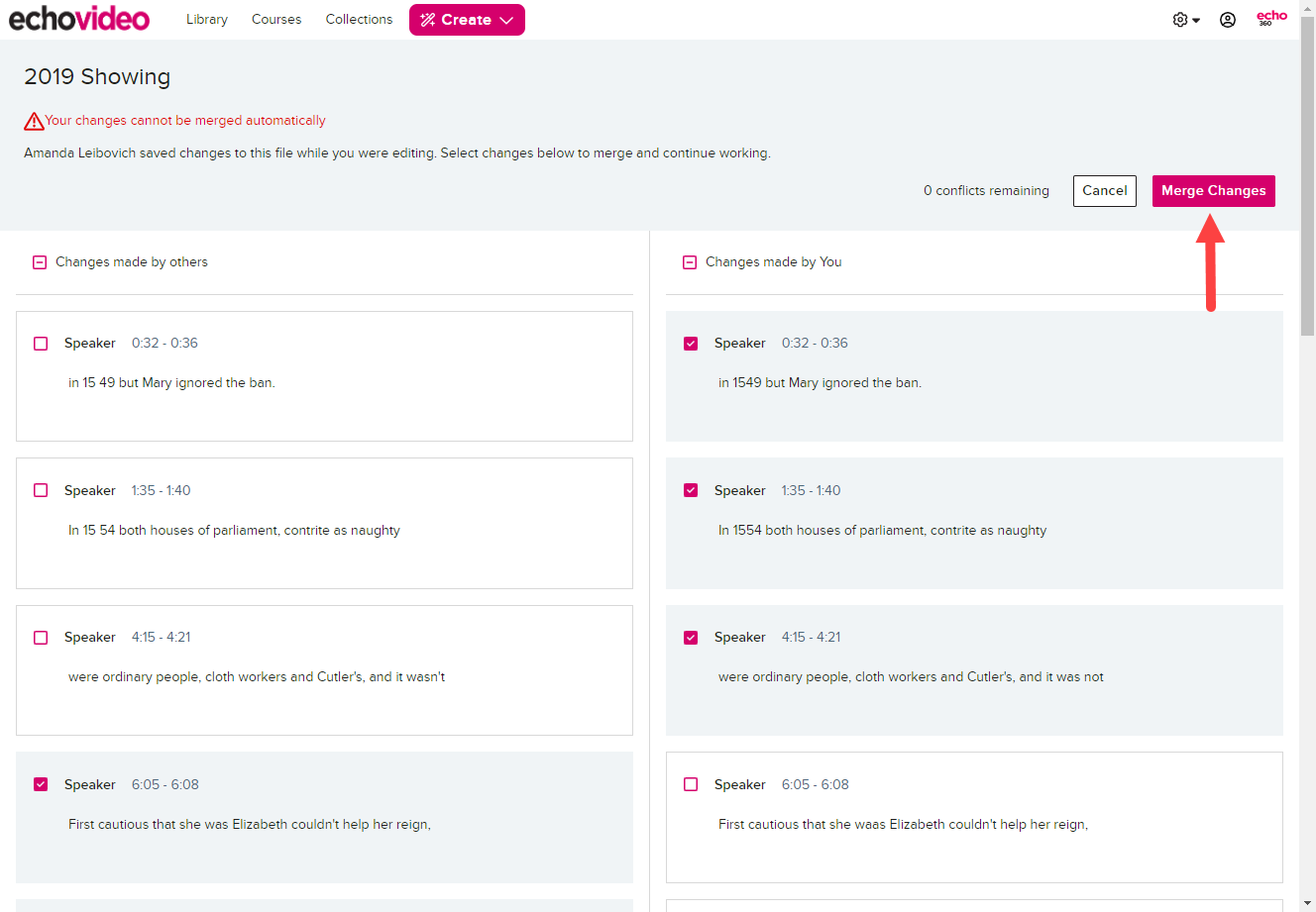 Edit conflicts page with cue selections made for all conflicts and merge changes button identified as described