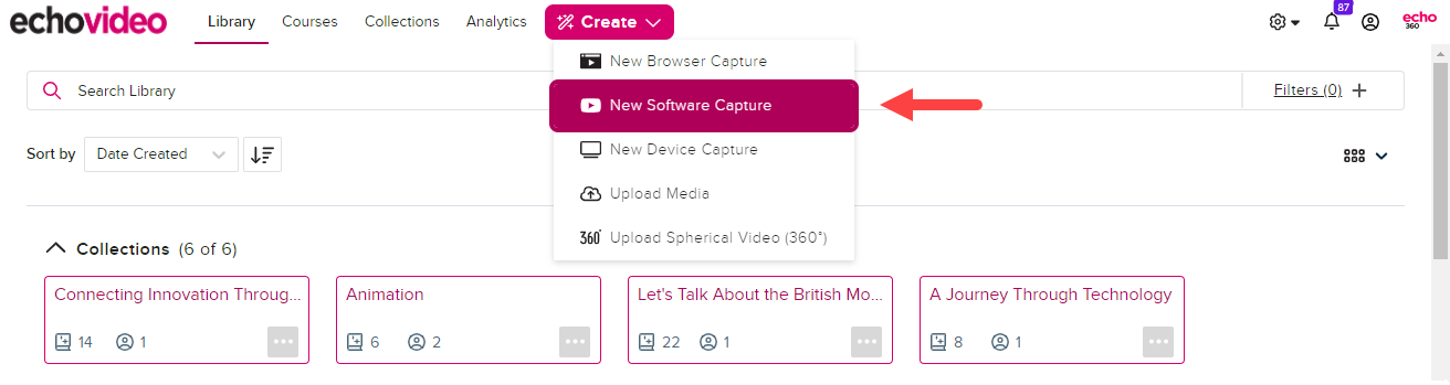 Create button menu open showing new software capture option as described