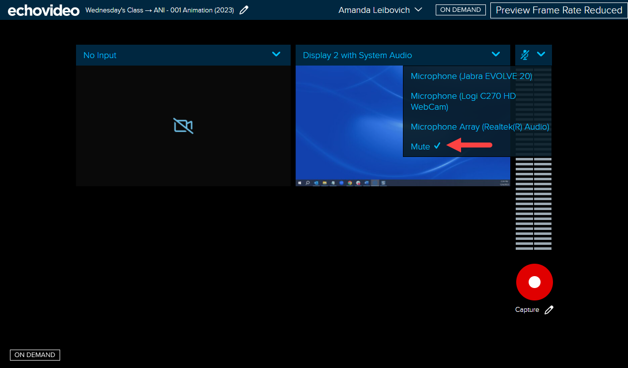 Universal Capture with audio input selection showing Mute