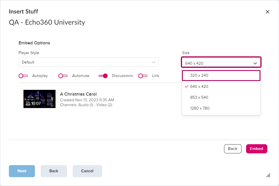 Embed media dialog box showing selected media with size drop-down list open containing options as described