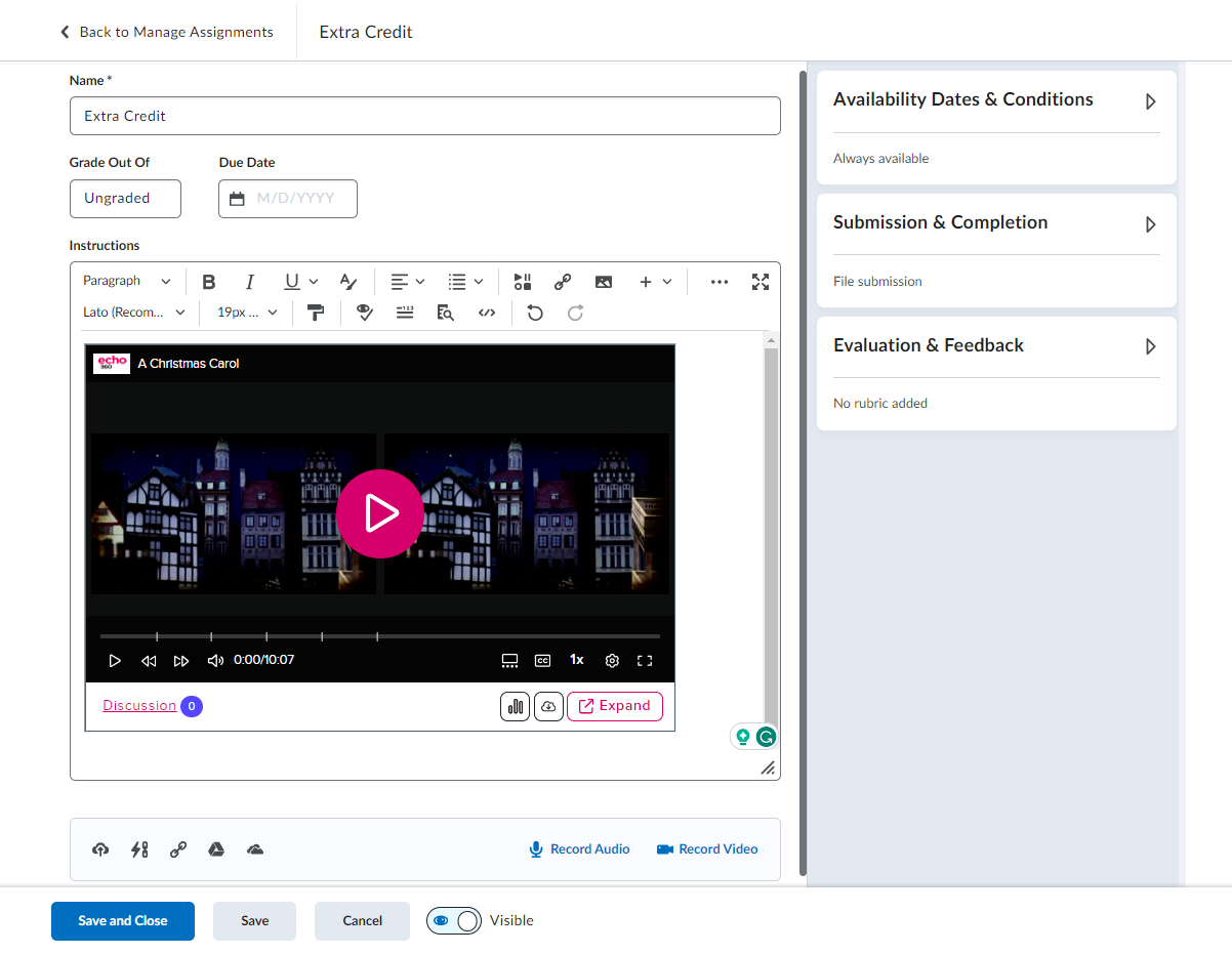 Content panel for new file in a course module with selected media embedded into the panel as described