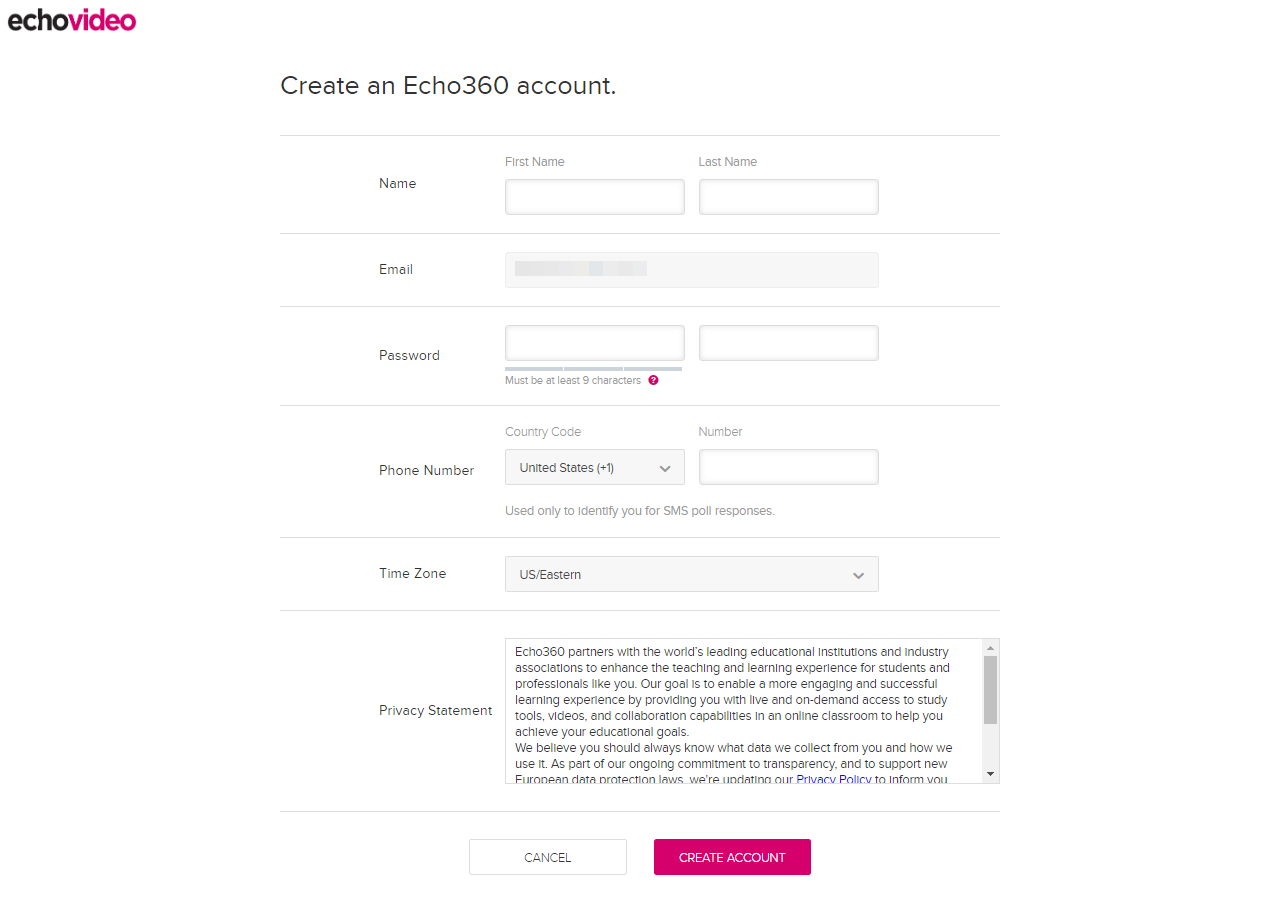 Create account page with fields to complete as described