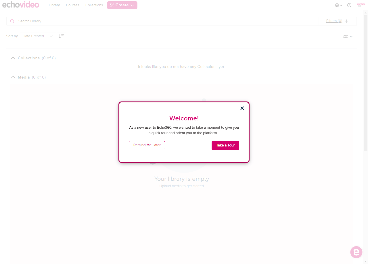 EchoVideo Library dashboard with Welcome screen and Take a Tour as described