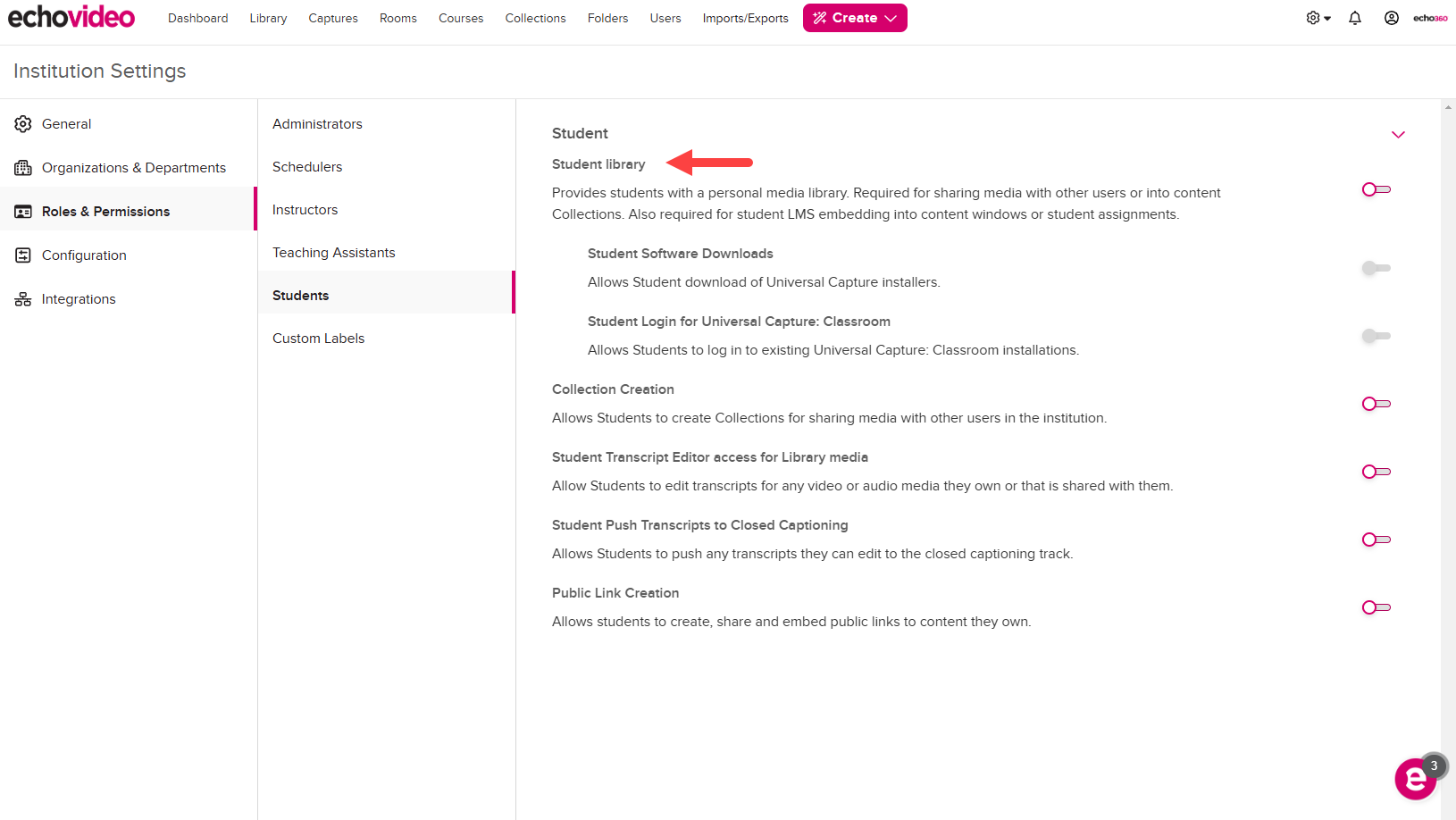 Student content library and student software downloads toggles as described