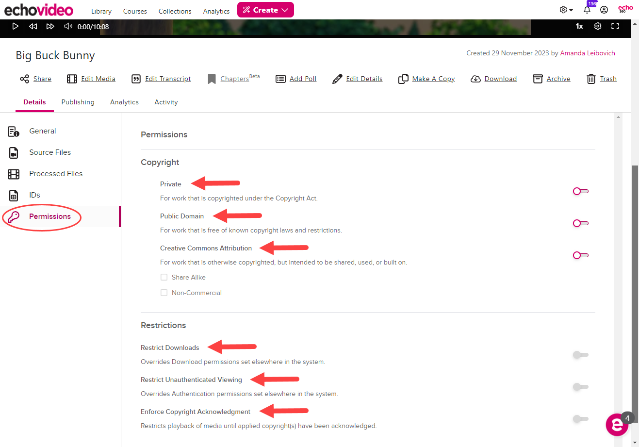 Media with Permissions, Copyright toggles, and Restrictions identified as described
