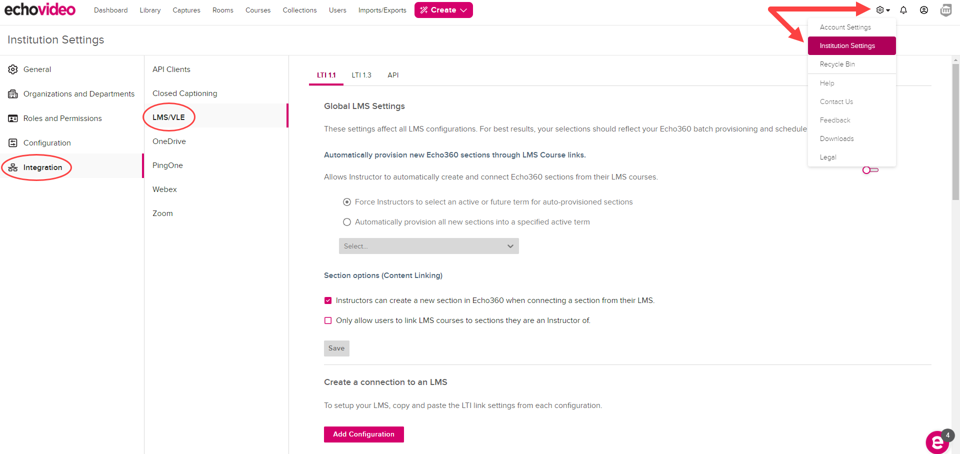 Settings menu expanded and Institution Settings, Integration, LMS / VLE identified as described