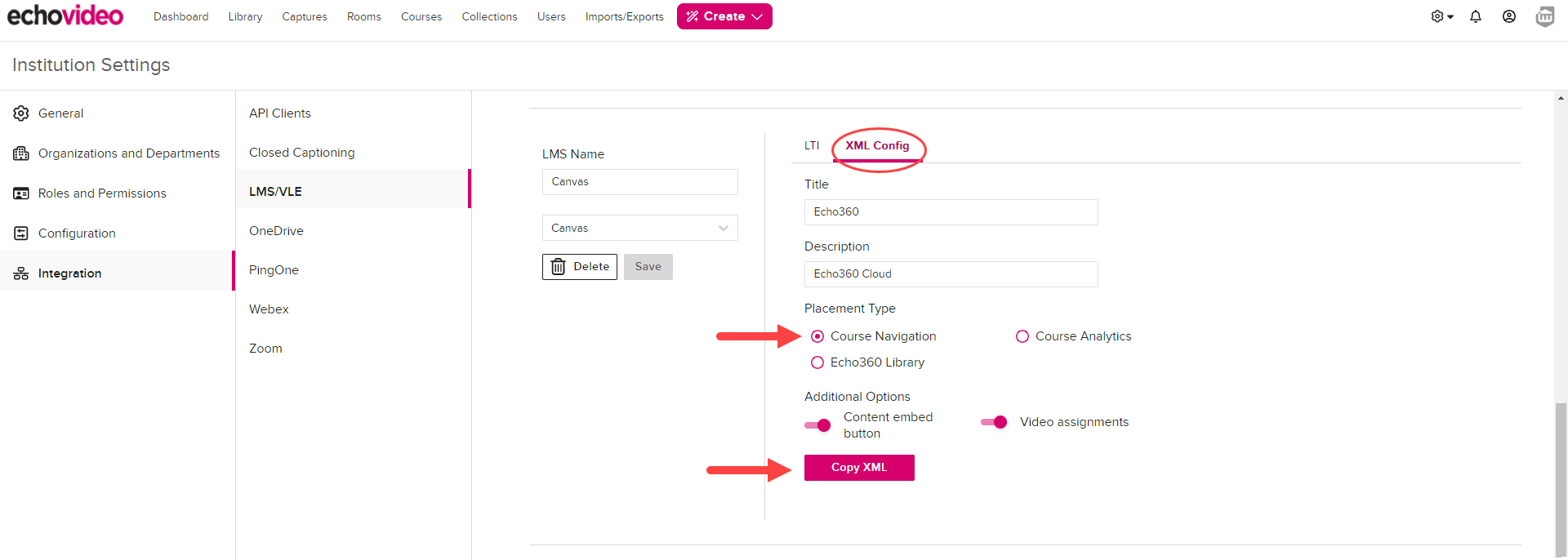 Canvas XML Configuration with Course Navigation placement selected and Copy XML button identified as described