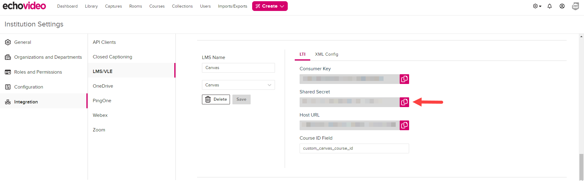 Canvas LMS configuration in EchoVideo with LTI tab showing containing Consumer Key and Shared Secret fields for steps as described