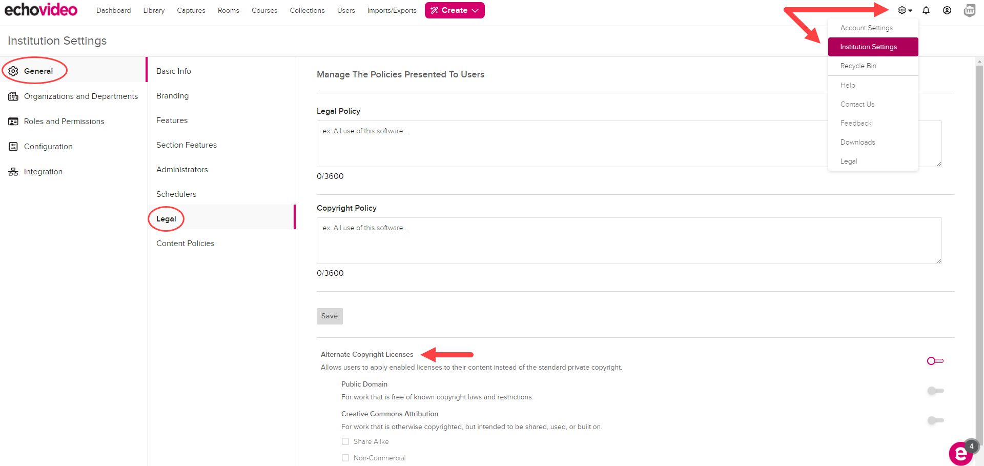 Legal tab of General tab of Institutional Settings page with Alternate Copyright Licenses shown as described