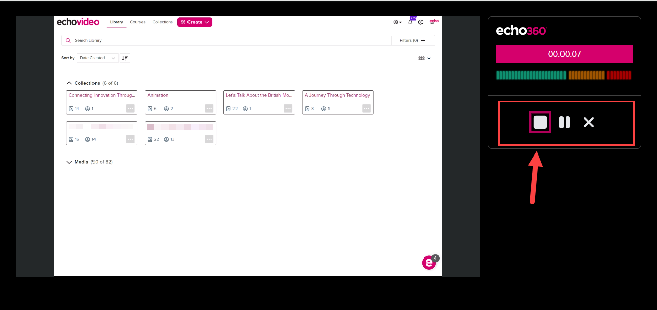 Browser capture open with pause, cancel and discard control options identified