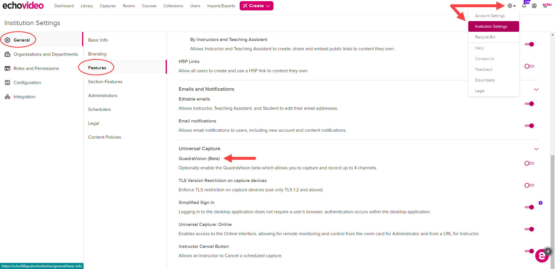 Institution Settings open to General, Features, with the QuadraVision toggle disabled as shown by the steps described