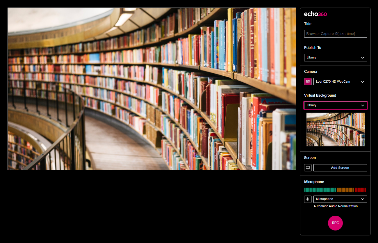 Library Virtual Backgrounds selected and shown in Browser Capture