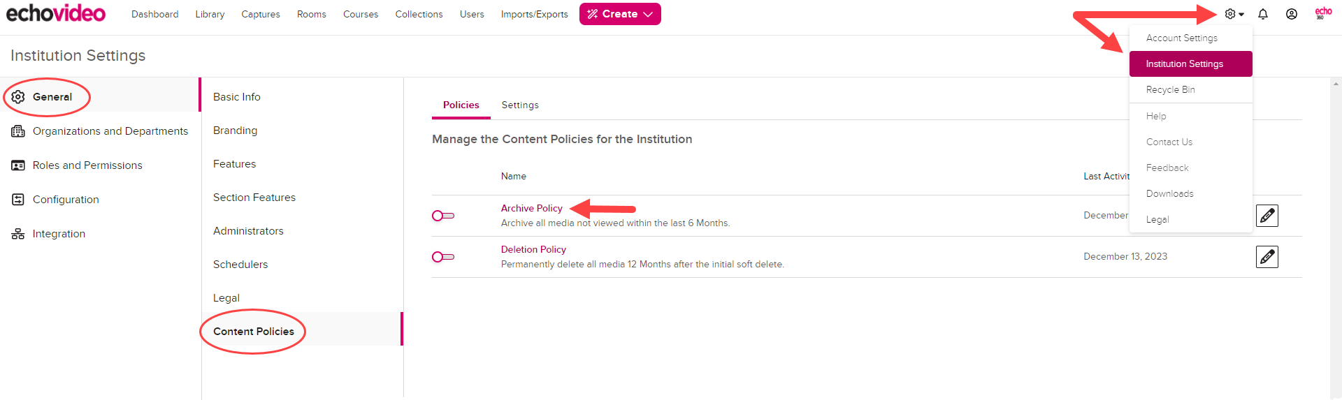 Institution Settings open to Content Policies with Archive toggle disabled as shown by the steps described