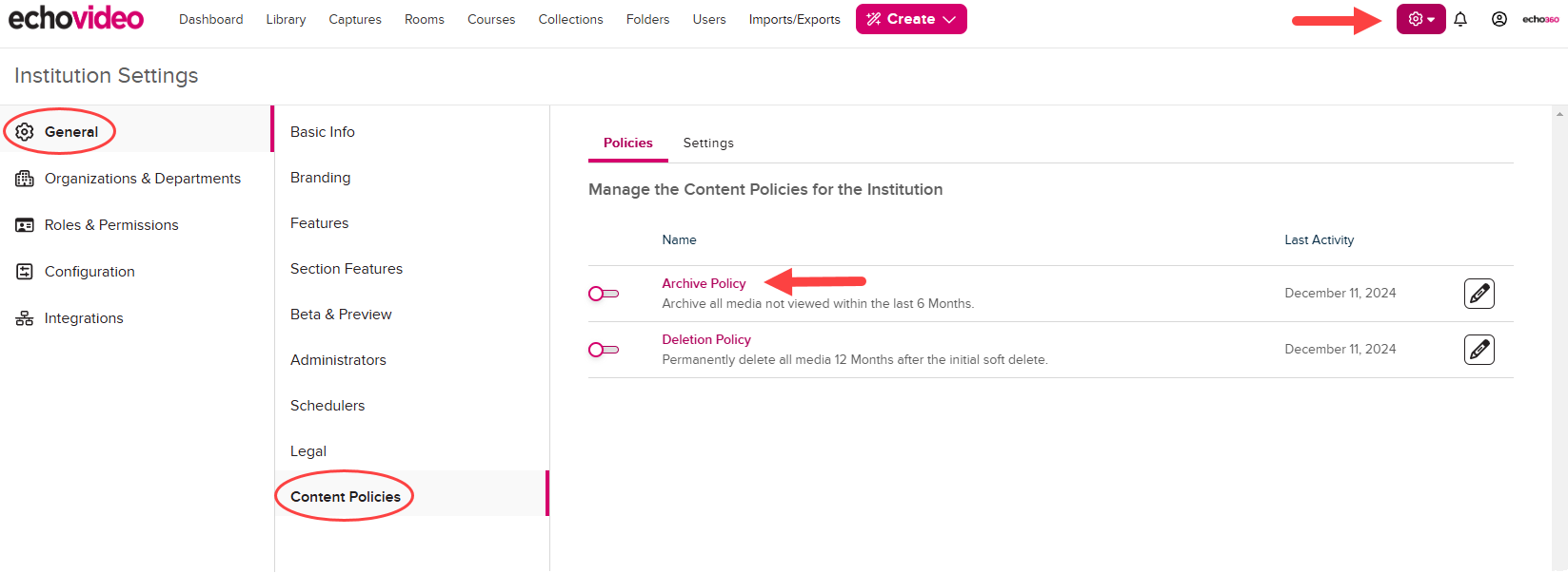 Institution Settings open to Content Policies with Archive toggle disabled as shown by the steps described