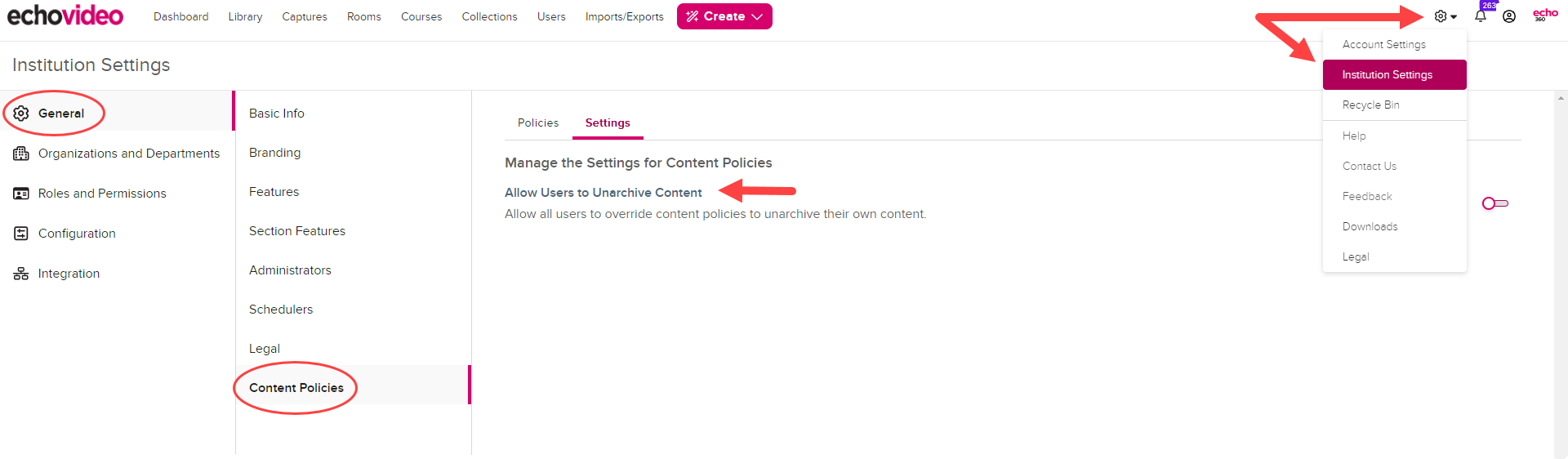 Institution Settings open to Content Policies then Settings with Allow Users to Unarchive Content toggle disabled as shown by the steps described