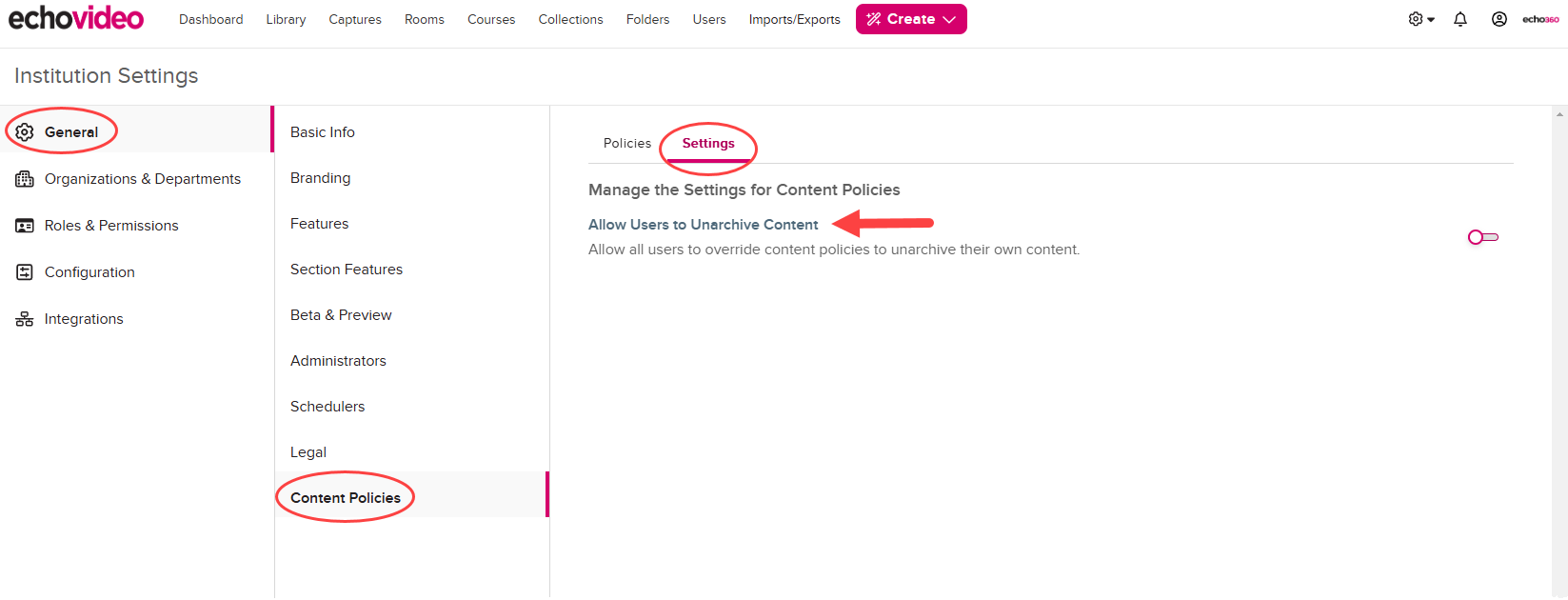 Institution Settings open to Content Policies then Settings with Allow Users to Unarchive Content toggle disabled as shown by the steps described