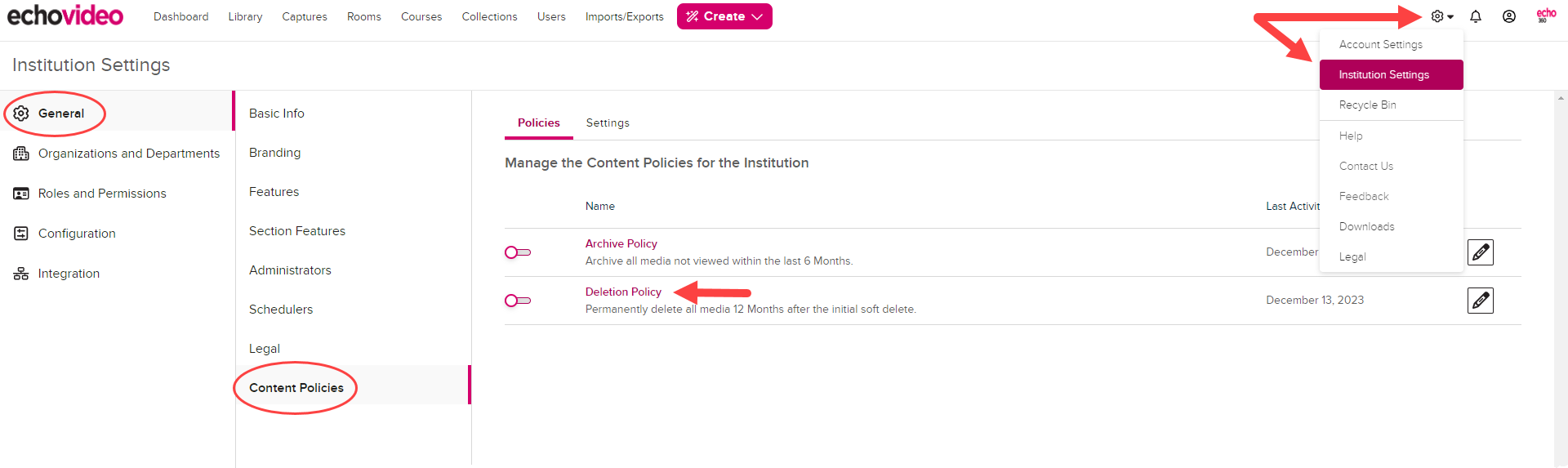 Institution Settings open to Content Policies with Deletion toggle disabled as shown by the steps described