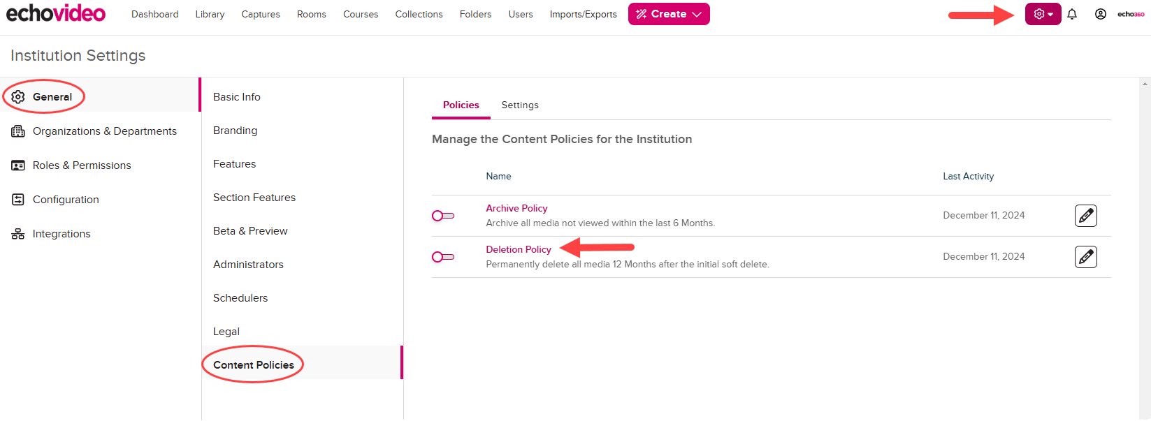 Institution Settings open to Content Policies with Deletion toggle disabled as shown by the steps described