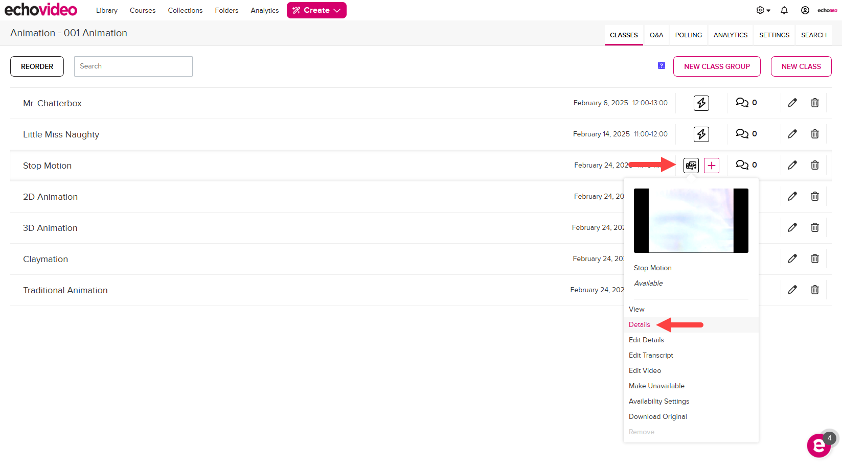 EchoVideo course class list with video icon selected and media options shown including details as described