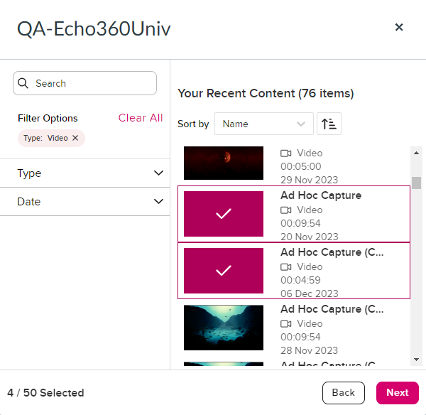 Choose existing content option with filter by video shown and media selected as described