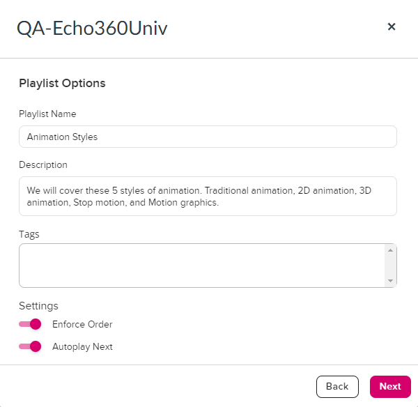 Playlist Options displayed with toggles enabled as described