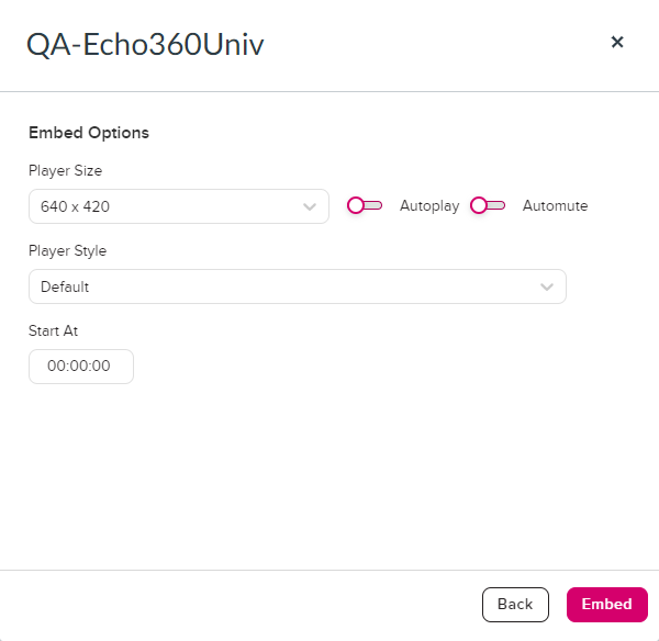 Embed Options shown as described