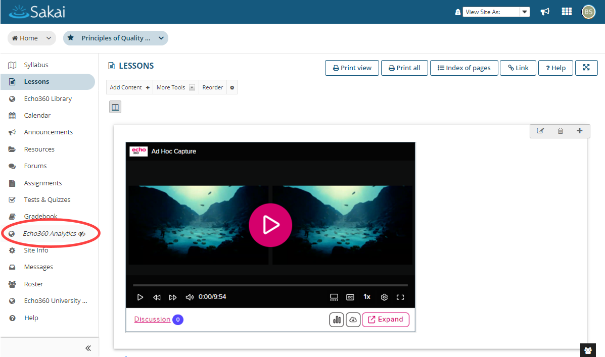 Sakai course with EchoVideo media analytics tool identified in left navigation as described