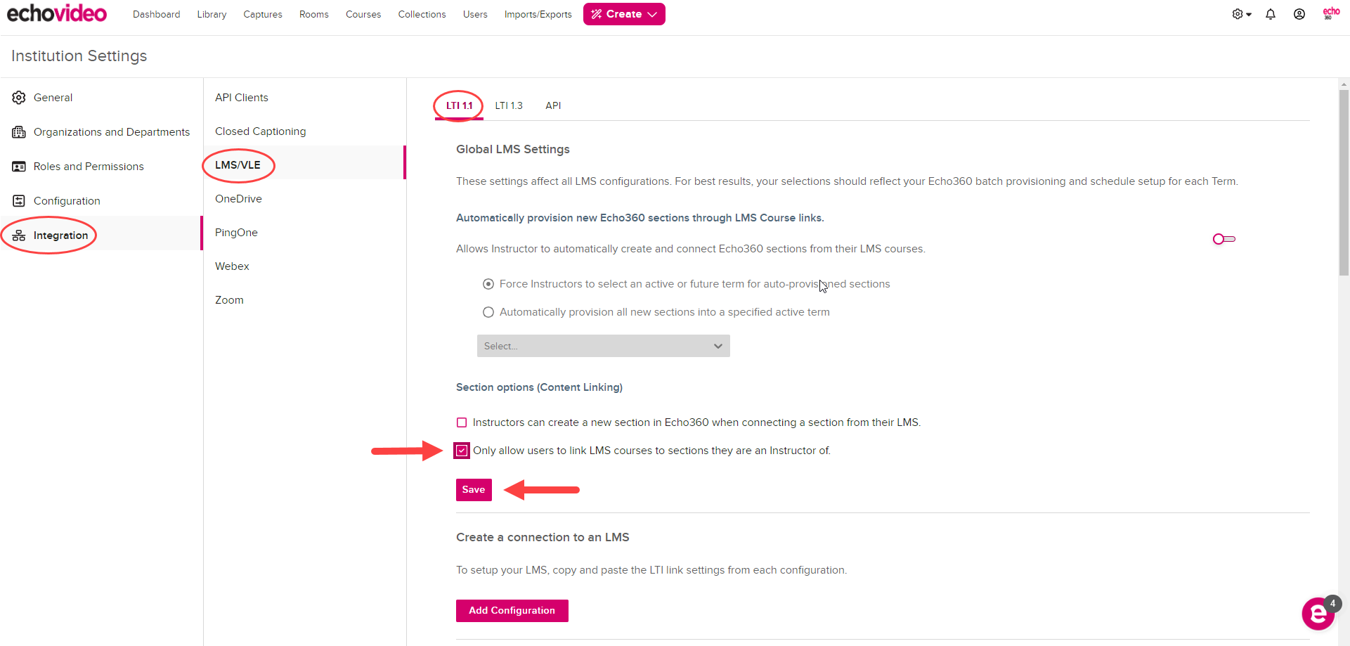 LMS Configurations page with Global Settings shown and Section options selection identified for steps as described